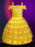 Light Up Belle Princess Costume Shoulder Layered Dress for Girls Party - UPORPOR